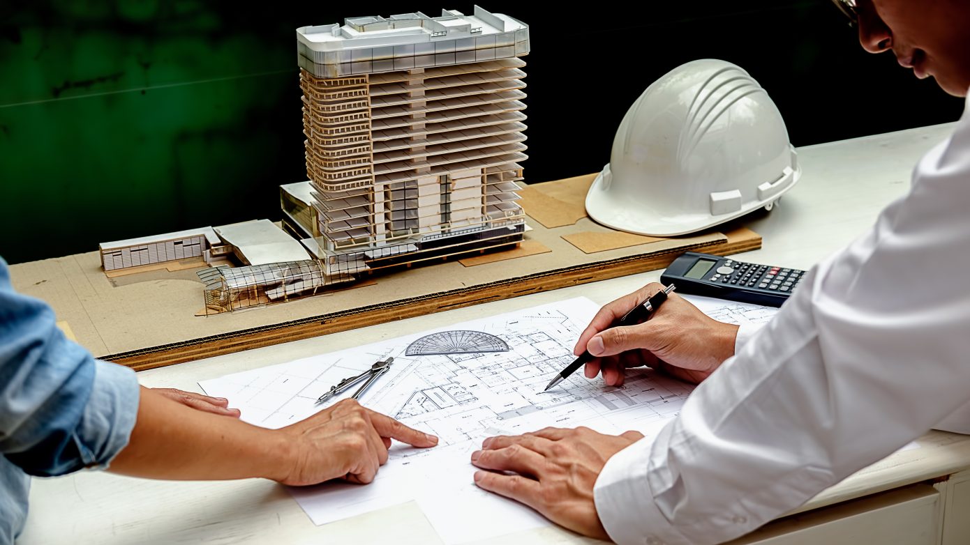 Architect or Engineer Design working on blueprint,Construction concept. Engineering tools.